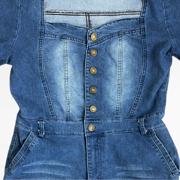 Puff Sleeve Sweetheart Neck Distressed Denim Raw Ankle Jean Overall Jumpsuit - Picture 5 of 10